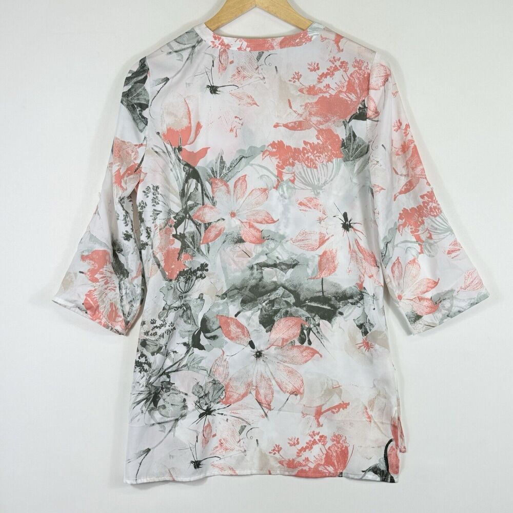 Chico's Top Women 0 Small Peach Green White Floral Coastal Flowy Sheer Shirt - Picture 5 of 7